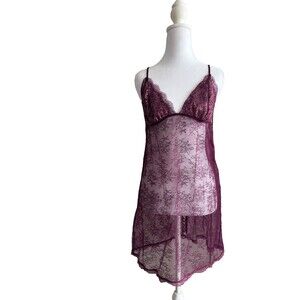 Victoria Secret Lingerie Size L Chemise Burgundy Lace Floral Tie Straps